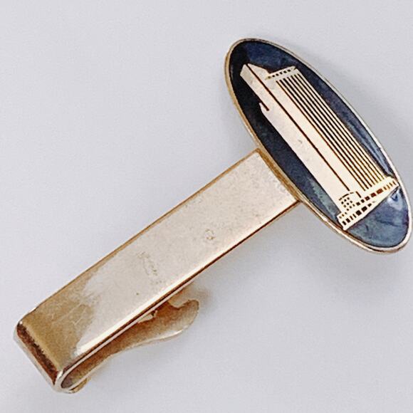 VTG Mid Century Black Cufflinks Tie Bar Chain 3-Piece Set Skyscraper Gold Tone - Picture 4 of 16